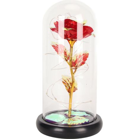 Rose lumineuse LED en verre rouge, fleur artificielle romantique décorative sous dôme en verre pour chambre salon (1/5)