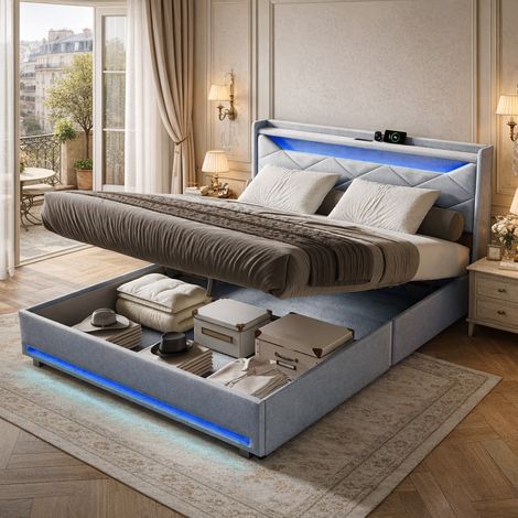 Lit 140x200 cm avec Éclairage LED et Ports USB, Lit Double capitonné avec hydraulique Rangement et sommier à Lattes, pour Adolescents et aux Adultes, Tissu en Lin, Gris (1/5)