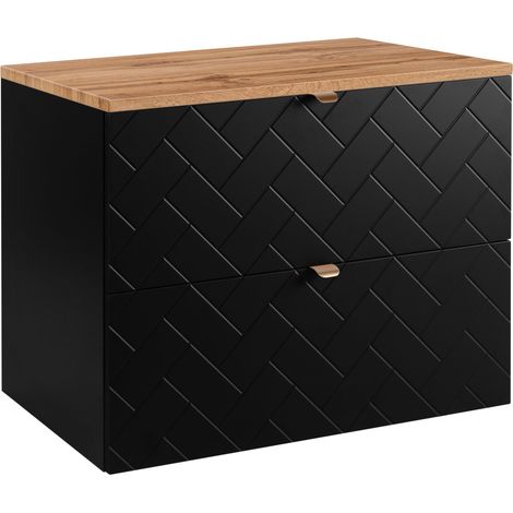 Furnidea - Meuble sous vasque MADIS NOIR 80 cm avec le plan CHÊNE - 2 tiroirs, façades motif chevron, design moderne (1/5)