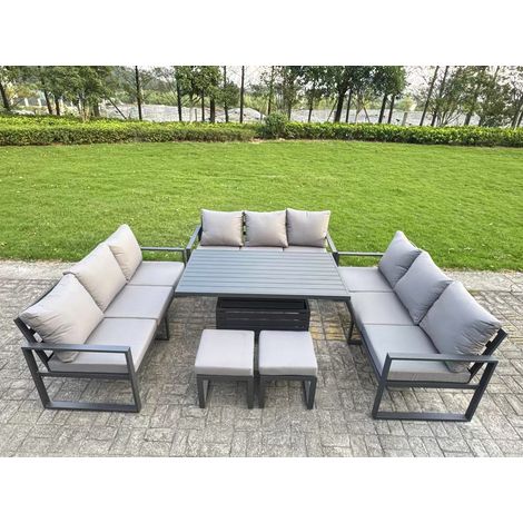 Fimous U-shaped Garden Furniture Set 11-Seater Aluminium Outdoor Dining Set with Adjustable Rising Lifting Dining Table 2 Small Footstools Dark Grey (1/5)