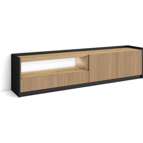 Skraut Home - TV-Schrank, Lowboard, für Wohnzimmer und Esszimmer, 207x50x37 cm, Für TV-Geräte bis zu 80", Led, Moderner Stil, Eiche Schwarz (1/4)