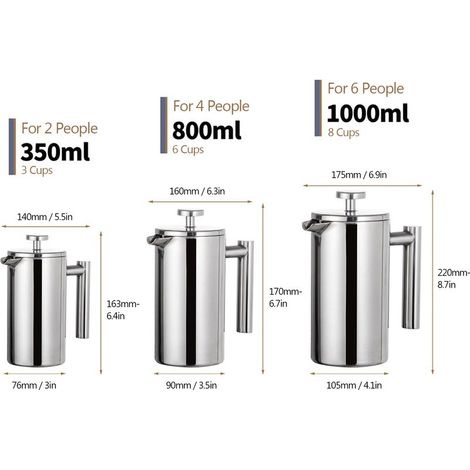 Cafetière à piston en acier inoxydable à double paroi isolée 350 ml/800 ml/1 000 ml (1/5)