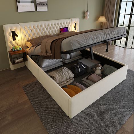 Bettanlage 180x200 cm beige aus Samt mit Nachttischen, Leselicht, USB-C und hydraulischem Stauraum