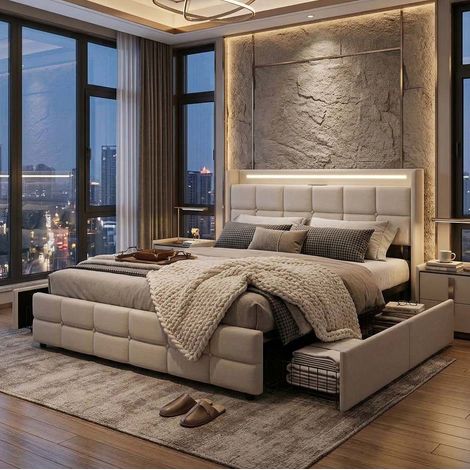 Creahappy Lit Double 140x190 cm Beige - Gain d'Espace 4 Tiroirs Rangement & LED RGB - Tête de Lit Tissu Lin & USB (1/5)