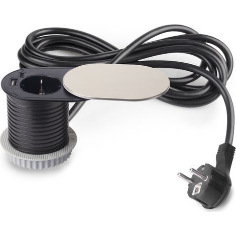 Emuca Multiconnettore con coperchio scorrevole Vertikal Flat 60, diametro 60 mm, 1 presa Schuko, 1 USB Tipo A, 1 USB Tipo C, Acciaio e Tecnoplastica, Acciaio inossidabile (1/5)