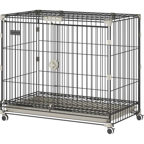 Cage de transport pliable pour chien, plateau amovible, roues avec freins, toit verrouillable, 75,5 x 46 x 64,5 cm, noire