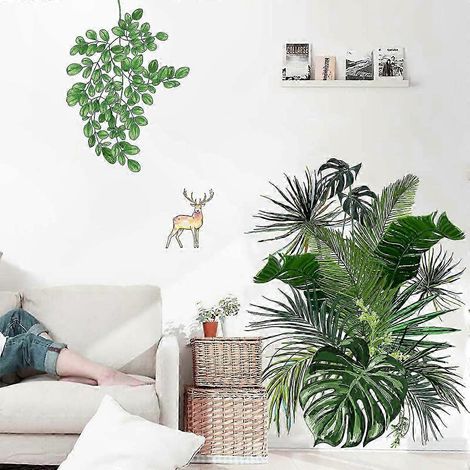 Décor mural autocollant feuilles de palmier tropicales vertes, stickers muraux imperméables amovibles DIY pour chambre, salon, portes et fenêtres (1/5)
