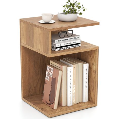 COSTWAY Tavolino Laterale da Salotto a Forma di S per Piccoli Spazi, Tavolino per Divano con 2 Scomparti Aperti, Comodino Moderno per Soggiorno, Camera da Letto e Studio, Bianco (1,Legno) (1/5)