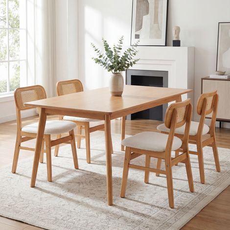 Wahson Lot de 4 chaises salle à manger en rotin – Coussin doux en fausse fourrure – Cadre en bois massif – Dossier élégant – Beige