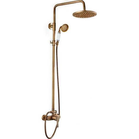 Colonne de douche rétro en laiton or ancien – Mitigeur monocommande – Pommeau 20 cm – Flexible 150 cm – Hauteur réglable 80-120 cm – Valaz (1/3)