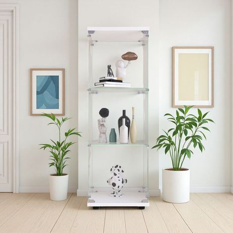 Vitrina de vidrio, 3 estantes, armario de presentación para salón, vitrina para colección, 125 x 42 x 36cm, blanco