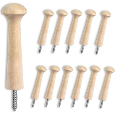 Raw Wood Wall Hooks [Set of 12] - Individual Screw-in Wall Mounted Coat Rack for Hanging Clothes, Hats, Towels - Smooth Birch Hooks Suitable for Painting 2.8 x 9 cm (1/5)