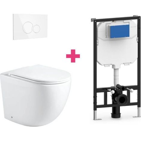 Ensemble WC suspendu GENOVA en céramique avec réservoir et bouton de chasse d'eau Blanc rond