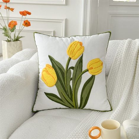 Funda de almohada decorativa, juego de cojines cuadrados bordados, estampado de tulipanes amarillos. (1/4)