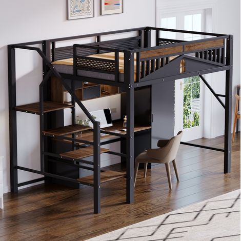Lit mezzanine 140x200 cm en métal et bois, noir, avec échelle de sécurité et espace de rangement (1/5)