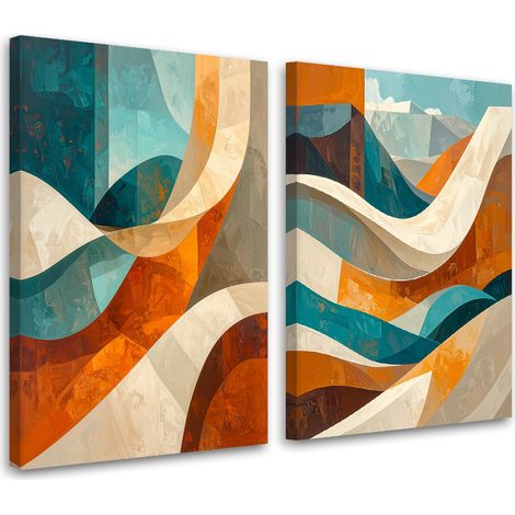 Tableaux sur toile lot  Abstraction : vagues orange et turquoise 2 x 20x30