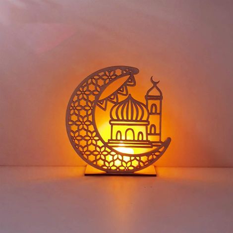 Lampe LED - Lune Étoilée En Bois Naturel - Décoration Murale Ou Table Pour Ramadan Eid Al-Fitr - 1 Pièce (1/4)