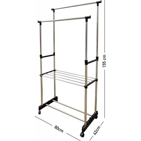 TrAdE Shop Traesio - Stand Appendiabiti Doppio Con Ripiano Base Ruote Aste Telescopiche Regolabile -