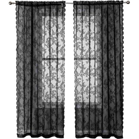 Rideaux en Dentelle Noire 84 Pouces (213cm) Longs - Motif Floral Rustique Vintage - Voile Noir pour Salon - Intimité Style Goth - 2 Panneaux 40x56 Pouces