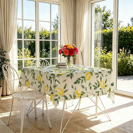 Nappe à motifs floraux citronnés aux tons pastel, nappe de salle à manger sur le thème des agrumes, nappe légère et facile à nettoyer pour les banquets et réunions de famille pendant les fêtes. (1/4)