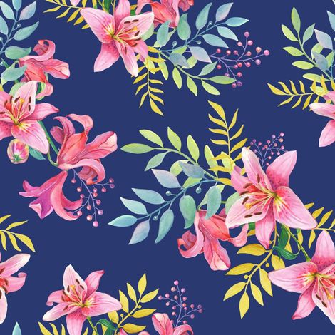 Tela decorativa para exteriores Oxford - motivo de rosas y lirios sobre fondo azul I DR208 (1/5)