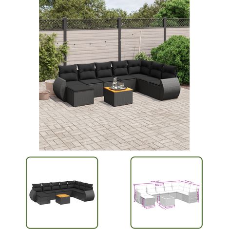 The Living Store Salon de jardin 9 pcs avec coussins noir résine tressée - Ensemble Salon De Jardin - Meuble Extérieur - Jardin - Terrasse - Patio (1/3)