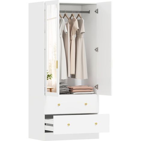 Armoire chambre penderie avec miroir, 2 portes, 2 tiroirs et barre de suspension, 80 x 50 x 180 cm, blanc