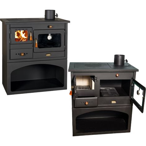 Stufa a Legna con Forno 14kW Acciaio e Ghisa Riscaldamento 305m3 - Nero (1/5)