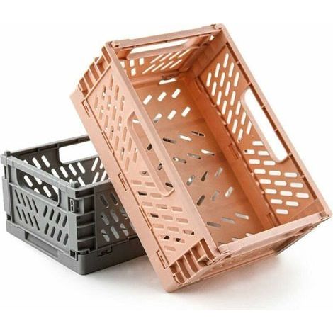 Lot de 2 caisses pliables en plastique - Boîtes de rangement robustes pour la cuisine, la chambre, le bureau (rose + gris) (1/5)