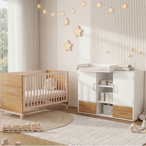 Cuna con cambiador, conjunto habitación bebé, 70 x 140 cm, natural y blanco OKMYHOME