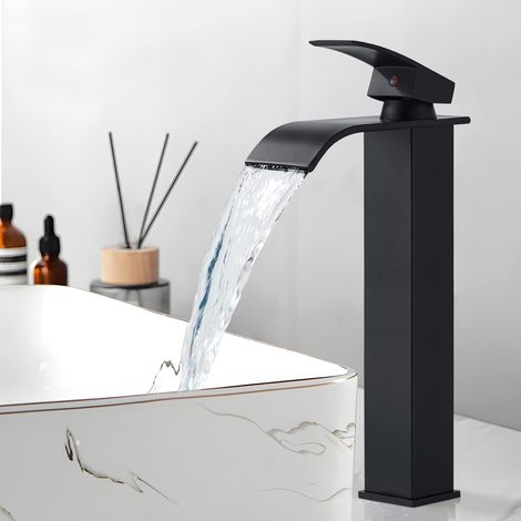 Robinet de salle de bain noir cascade haut, mitigeur lavabo moderne monocommande en laiton