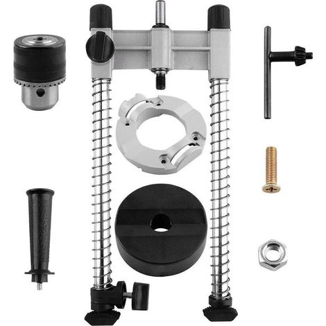 Support de perceuse électrique polyvalent : support de perçage vertical, base mobile, trous de perçage, compatible avec divers forets, construction en aluminium et acier, aucune alimentation électriqu (1/5)