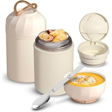 Thermos - Récipient isotherme pour aliments - 850 ml - En acier inoxydable - Avec couvercle - Cuillères réutilisables en acier inoxydable - Pour yaourt, céréales, aliments pour bébé, porridge (blanc)