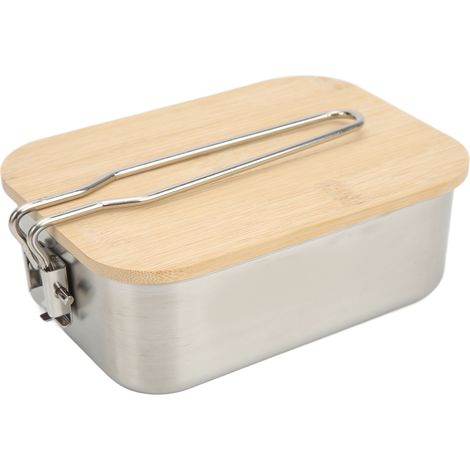 Boîte à lunch Inox 0,9L Couvercle Bambou Planche Découpe Poignée Pliante Camping Pique-nique Étanche (1/4)