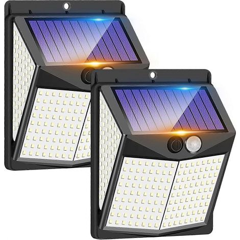 Lampes solaires d'extérieur, 238 LED avec détecteur de mouvement et 3 modes d'éclairage, grand angle de 270°, applique murale solaire étanche IP65-AquaForge