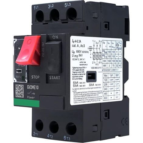 Disjoncteur moteur 400V Disjoncteur de protection moteur 690V 4-6.3A 3P Type de commande à bouton Disjoncteur moteur Tension assignée de choc 6KV Montage sur rail (GV2ME10 Noir) (1/5)