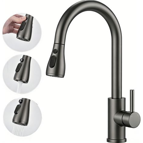 AICA Ausziehbare Küchenarmatur 3 Modi - 360° Drehbare Einhand-Mischbatterie, Spültisch Wasserhahn, Gunmetal Grey