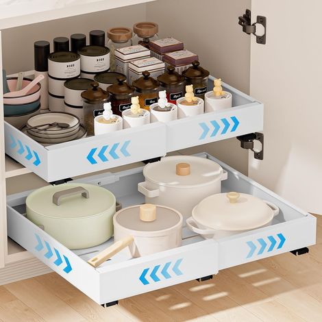 Tiroir Coulissant Cuisine, 2 Pièce Tiroir Télescopique Extensible (32-52x31x7 cm) Organisateurs D'armoire Coulissants Etagere Rangement Cuisine Telescopique pour Armoires de Cuisine Salon Maison Blanc (1/4)