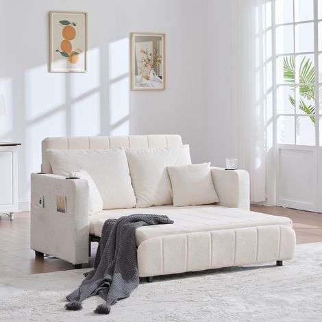 Divano Convertible 2 Posti in Chenille con 2 Portabicchieri, Tasca Laterale, USB e 4 Cuscini, Beige