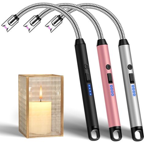 Lot de 3 Briquet à Arc électrique avec col Long, Long Flexible 360º Coupe-Bougie Electrique, Rechargeable par USB, pour Cuisine, cheminée, Bougie, Feux d'artifice (Noir + Argent + Rose) (1/5)