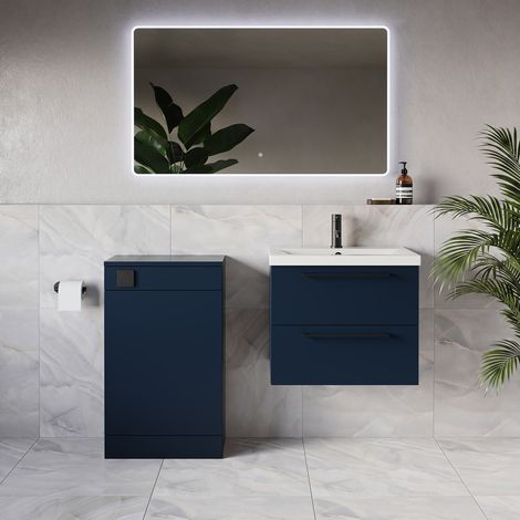 Napoli 390 Deep Blue 1100mm Wall Mounted 2 Drawer Vanity Unit and Toilet Suite with Glide Basin - 1100mm - Matt Black 320mm HandleWithout Kingston Toilet Pan