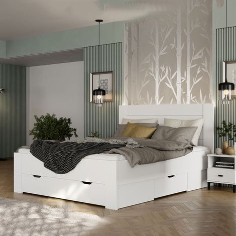 Cama matrimonial Siwwa, colchón 160x200 cm, cabecero efecto listones, soporte 200 kg, blanco crema (1/5)