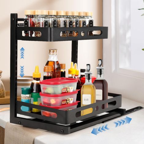 Rangement sous Evier Cuisine, 2 Niveaux étagère Organisateur Coulissant, Hauteur RéGlable Tiroir, Placard Organisation Pour Salle de Bain, Salle, Meuble, Noir (1/5)