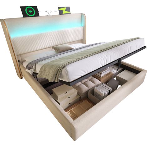 Lit coffre 160x200 avec tête de lit haute, LED, ports USB et Type-C, rangement hydraulique, beige, sans matelas – CHICFURN (1/5)
