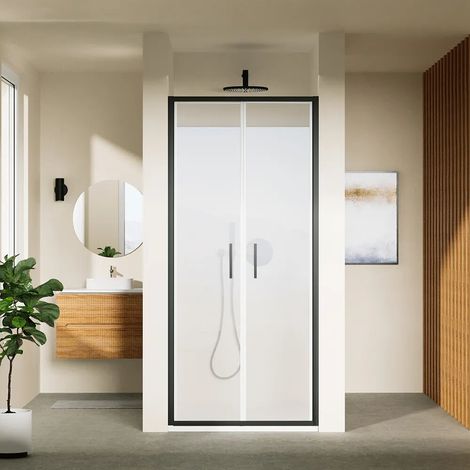 Porte de douche 80 cm avec ouverture saloon profilés fins noir mat verre transparent 6 mm h190 Portofino (1/4)