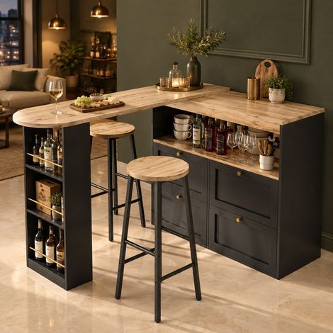 Set tavolo alto con vano contenitore e 2 sgabelli da bar neri effetto legno DESVIAE (1/5)