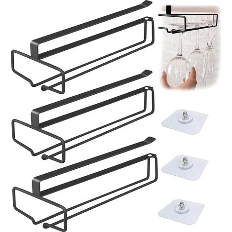 Lot de 3 supports pour verres à vin, porte-verres à pied, porte-verres à vin, porte-verres en métal, porte-verres sous armoire, pour cuisine, bar, restaurant, noir (1/5)