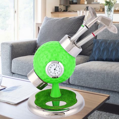 Golfballförmiger Stiftehalter, Bleistiftvase, Schreibtischset mit Uhr, 3 Stiften für Arbeitszimmer/Büro (grün) (1/5)