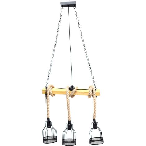 LAMPADARIO SOSPENSIONE VINTAGE E27 CANAPA RETRO COUNTRY LEGNO GABBIA INDUSTRIALE