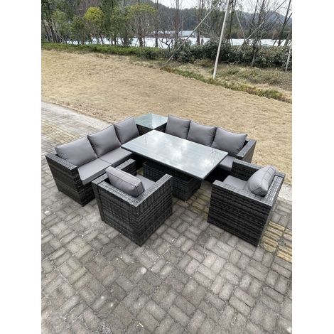 Fimous 8 Seater PE Rattan Corner Sofa Set Rising Adjustable Dining Table Set High Side Coffee Table With  2 Arm Chairs